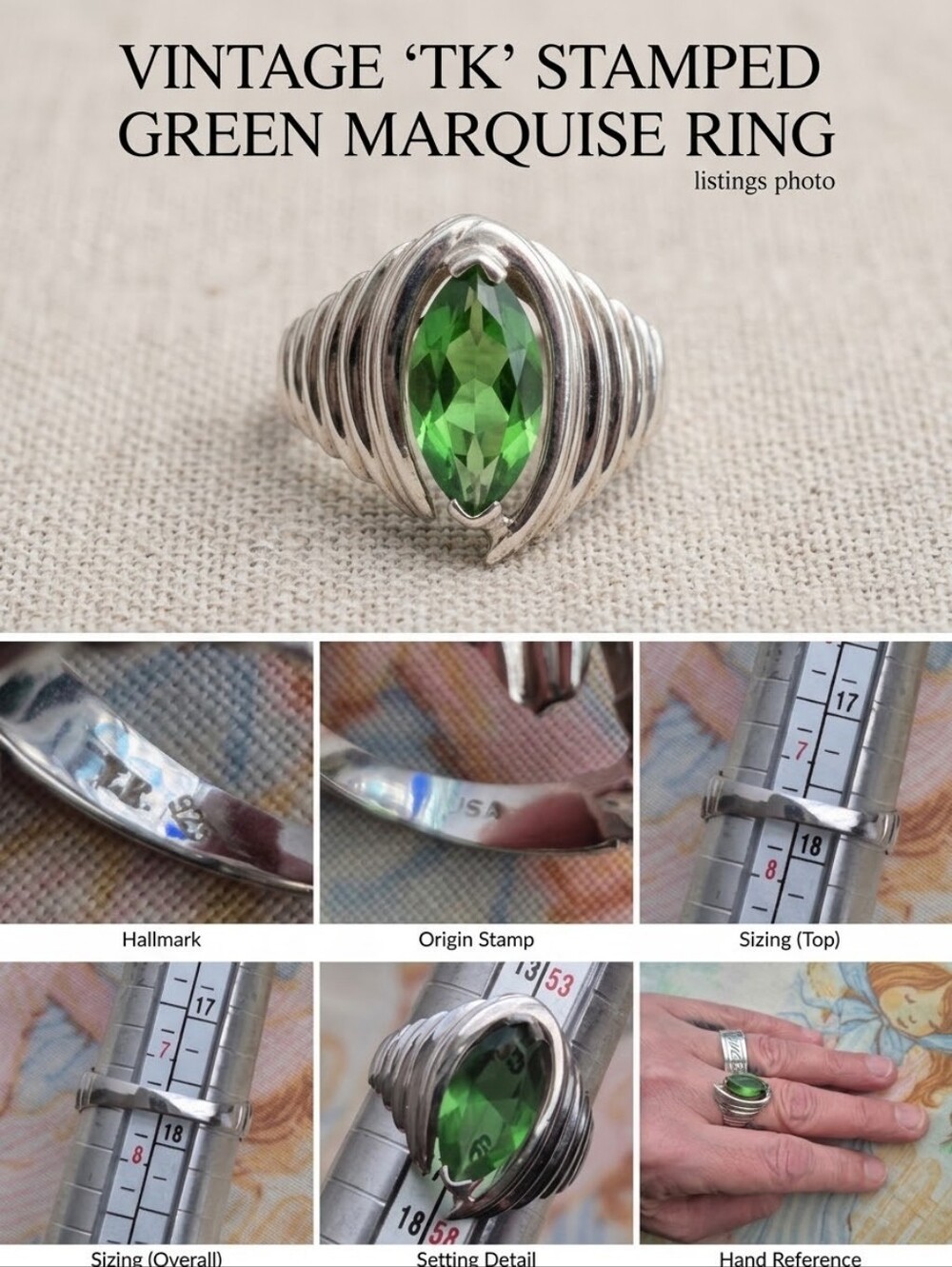 🌙VINTAGE 'TK' ​Marquise Faceted Green Helenite Sterling Silver Ring